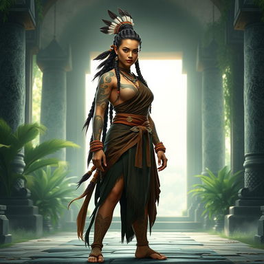 A majestic female Goliath monk, standing confidently in a serene temple setting