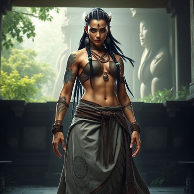 A majestic female Goliath monk, standing confidently in a serene temple setting