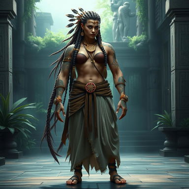 A majestic female Goliath monk, standing confidently in a serene temple setting