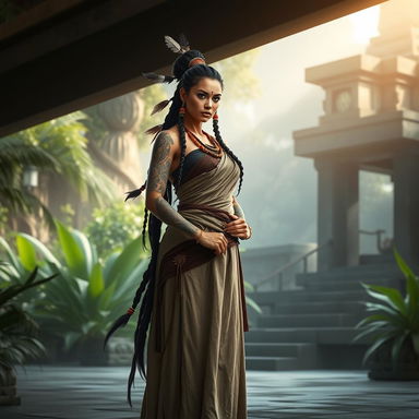 A majestic female Goliath monk, standing confidently in a serene temple setting