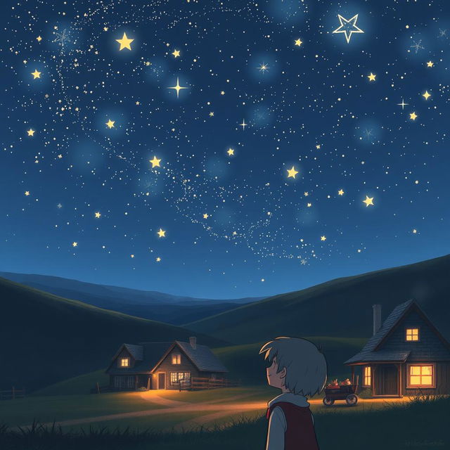 A small, serene village under a night sky full of bright, twinkling stars