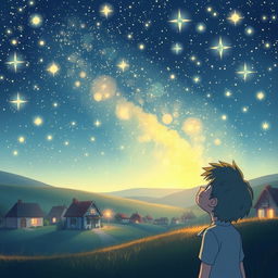 A small, serene village under a night sky full of bright, twinkling stars