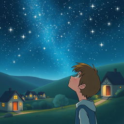 A small, serene village under a night sky full of bright, twinkling stars