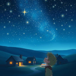 A small, serene village under a night sky full of bright, twinkling stars