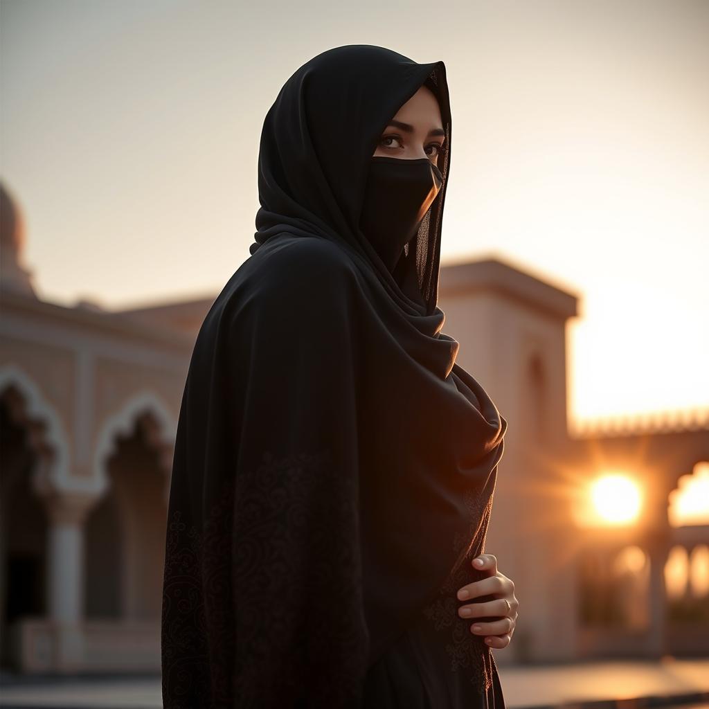 A woman wearing a burka, with a notable emphasis on her figure, showcasing the curves elegantly while maintaining the traditional attire