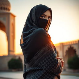 A woman wearing a burka, with a notable emphasis on her figure, showcasing the curves elegantly while maintaining the traditional attire