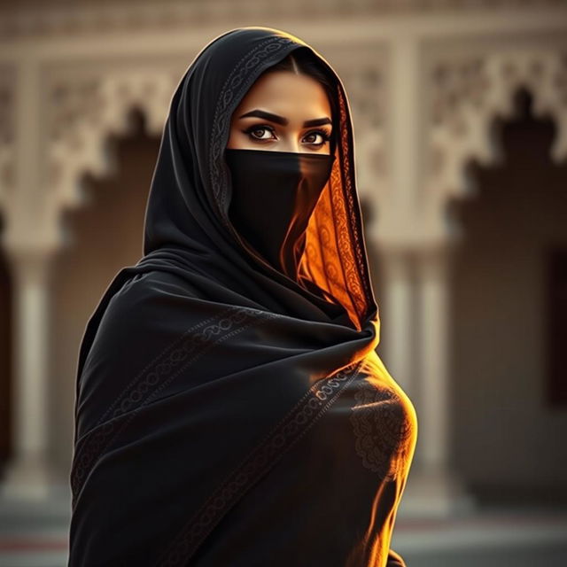 A woman wearing a burka, with a notable emphasis on her figure, showcasing the curves elegantly while maintaining the traditional attire