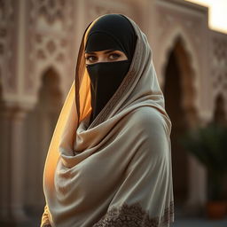 A woman wearing a burka, with a notable emphasis on her figure, showcasing the curves elegantly while maintaining the traditional attire