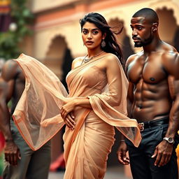 A slender Indian woman wearing a transparent saree, elegantly draped, showcasing her graceful figure