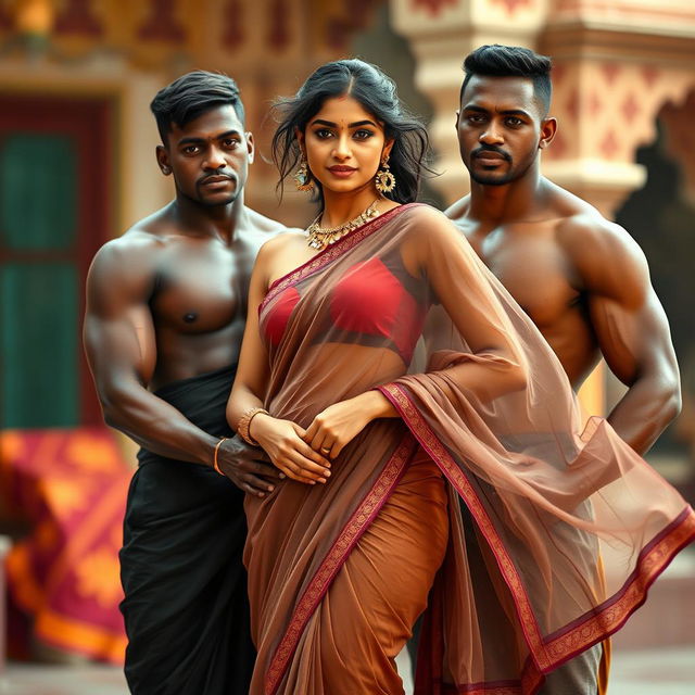 A slender Indian woman wearing a transparent saree, elegantly draped, showcasing her graceful figure