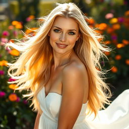 A stunning long-haired blonde woman with flowing locks that cascade down her shoulders, illuminated by soft, warm sunlight