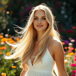 A stunning long-haired blonde woman with flowing locks that cascade down her shoulders, illuminated by soft, warm sunlight
