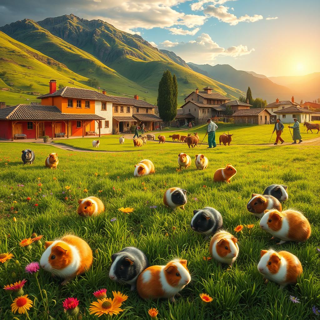 A picturesque scene showcasing guinea pigs in a traditional Andean village setting