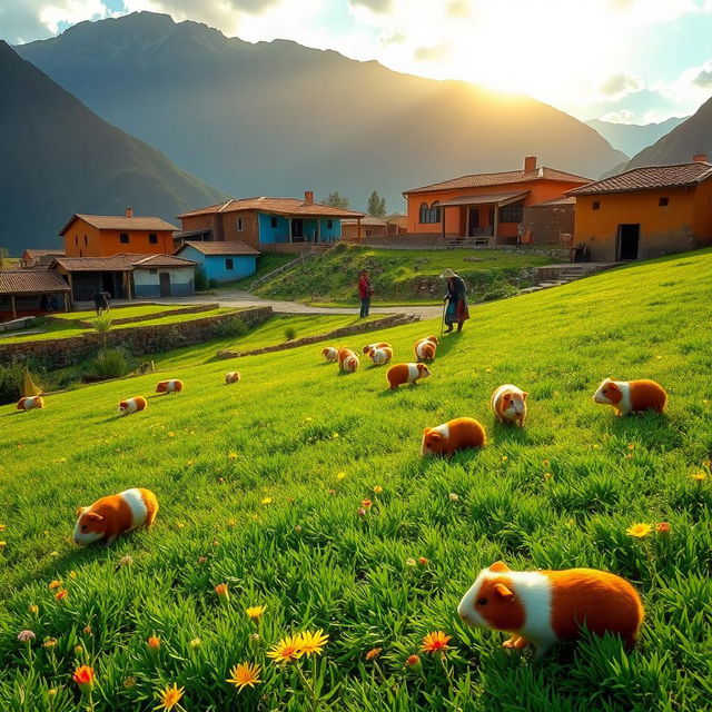 A picturesque scene showcasing guinea pigs in a traditional Andean village setting