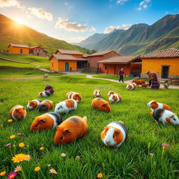 A picturesque scene showcasing guinea pigs in a traditional Andean village setting