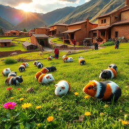 A picturesque scene showcasing guinea pigs in a traditional Andean village setting