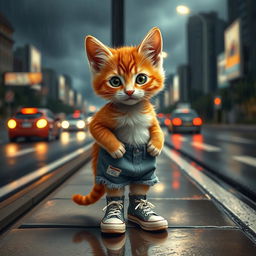 A realistic and detailed portrait of a small human-shaped kitten with vibrant red and white fur