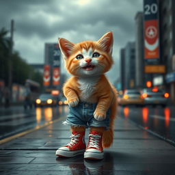A realistic and detailed portrait of a small human-shaped kitten with vibrant red and white fur
