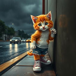 A realistic and detailed portrait of a small human-shaped kitten with vibrant red and white fur