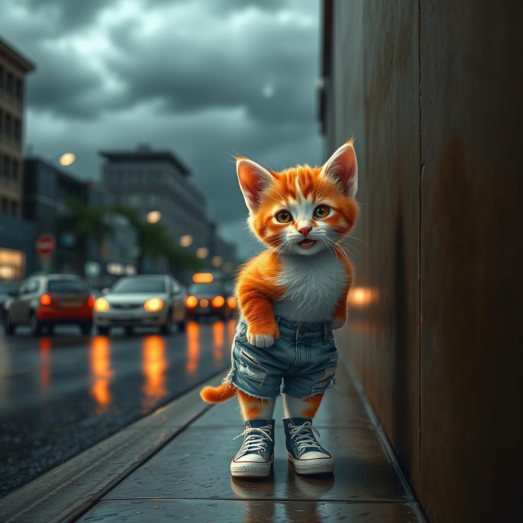 A realistic and detailed portrait of a small human-shaped kitten with vibrant red and white fur