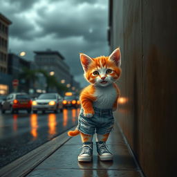 A realistic and detailed portrait of a small human-shaped kitten with vibrant red and white fur