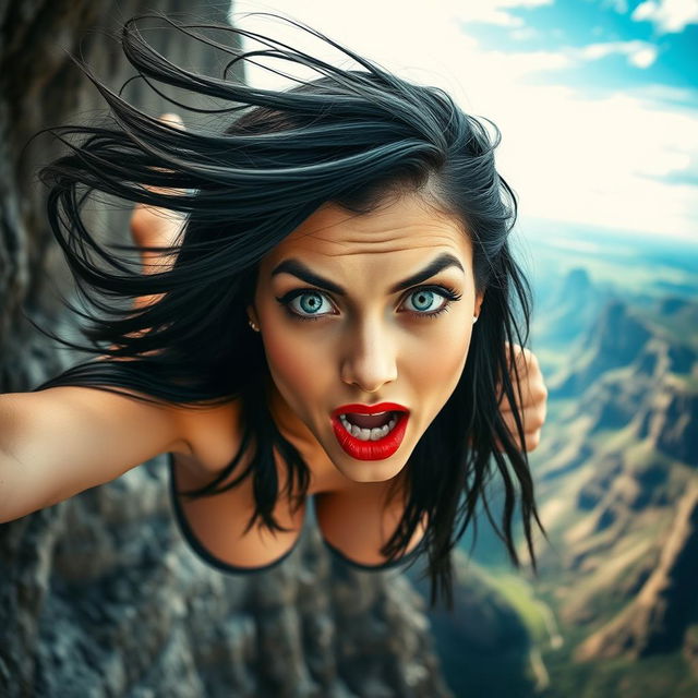 A sexy black-haired woman with striking blue eyes and bold red lips, portrayed mid-fall from a cliff, her hair flowing dramatically in the wind