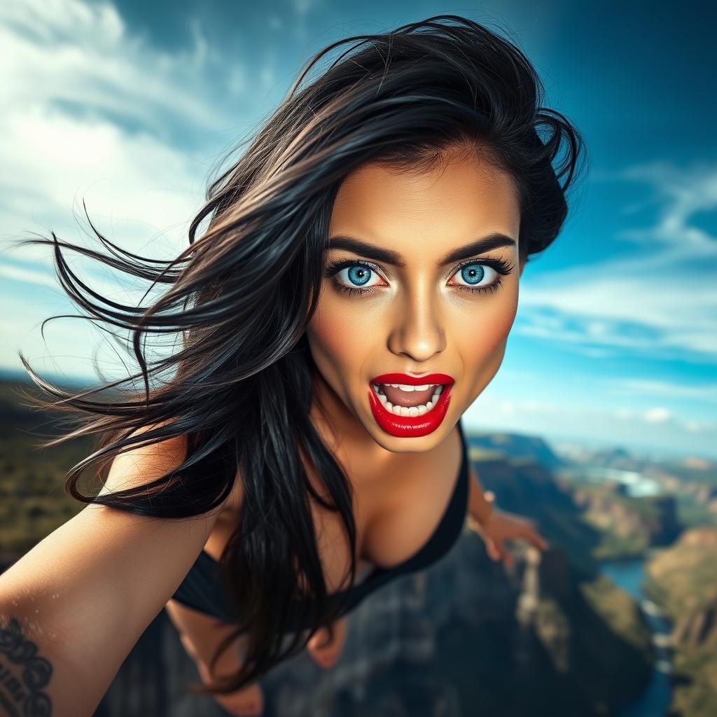 A sexy black-haired woman with striking blue eyes and bold red lips, portrayed mid-fall from a cliff, her hair flowing dramatically in the wind