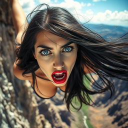 A sexy black-haired woman with striking blue eyes and bold red lips, portrayed mid-fall from a cliff, her hair flowing dramatically in the wind