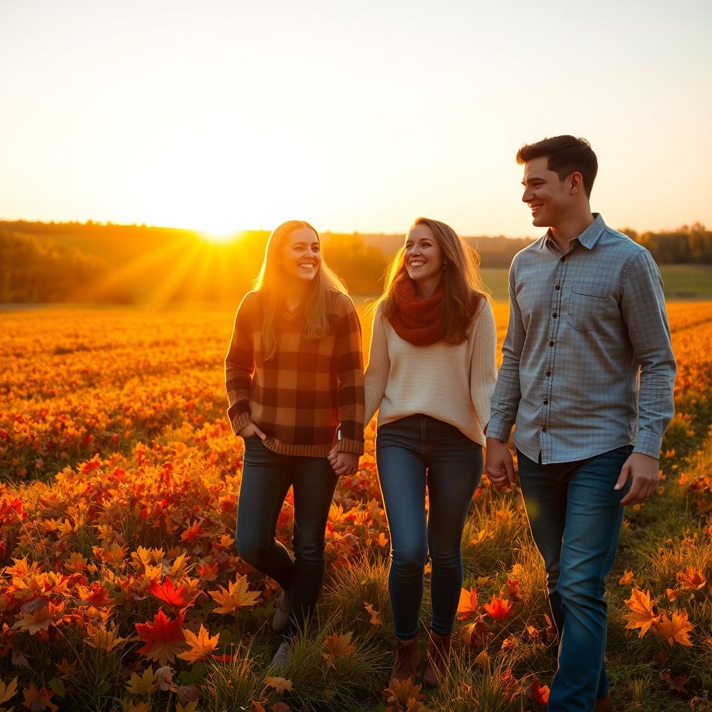 A beautiful scene of two couples holding hands in a picturesque field during November