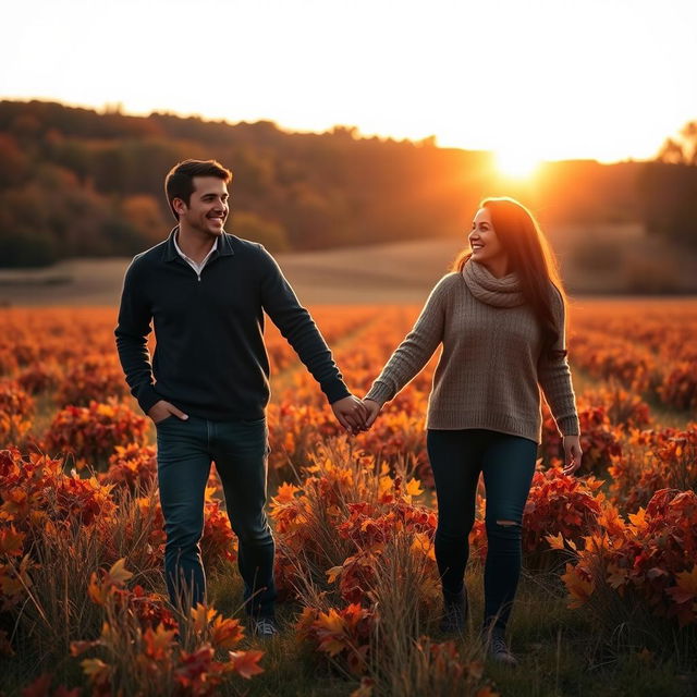 A beautiful scene of two couples holding hands in a picturesque field during November