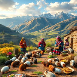 An educational scene set in the Andes, depicting guinea pigs in a traditional context where they are a dietary staple, highlighting their historical significance over the past 5,000 years