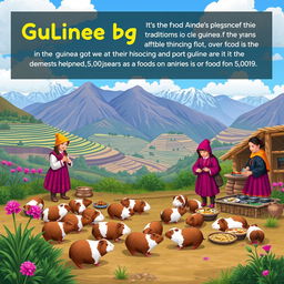 An educational scene set in the Andes, depicting guinea pigs in a traditional context where they are a dietary staple, highlighting their historical significance over the past 5,000 years