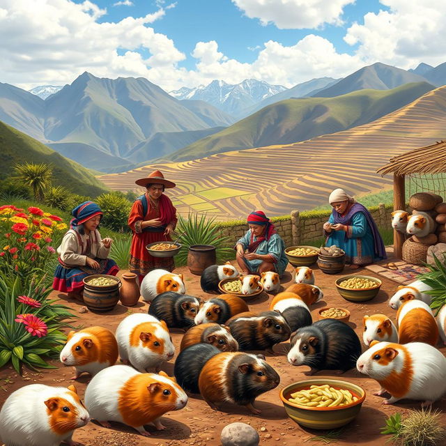 An educational scene set in the Andes, depicting guinea pigs in a traditional context where they are a dietary staple, highlighting their historical significance over the past 5,000 years