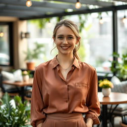 A warm and inviting portrait of a 30-year-old woman named Zoe, who embodies sincerity and openness as she seeks true connection and mutual respect in her relationships