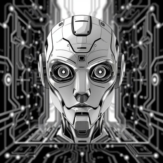 an immersive black and white illustration depicting artificial intelligence, featuring a large, expressive robot face at the center, designed to feel like the viewer is stepping into a digital screen