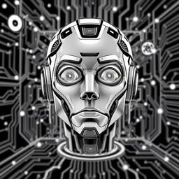 an immersive black and white illustration depicting artificial intelligence, featuring a large, expressive robot face at the center, designed to feel like the viewer is stepping into a digital screen