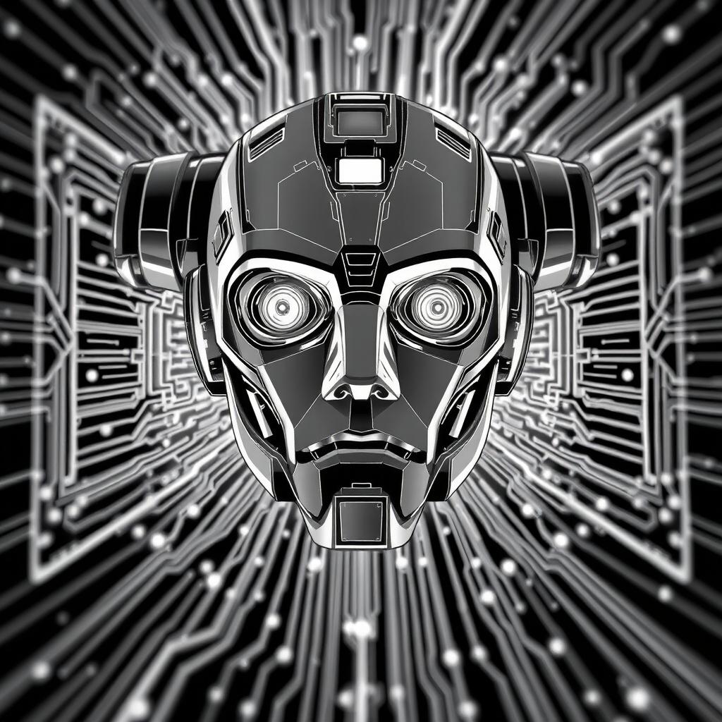 an immersive black and white illustration depicting artificial intelligence, featuring a large, expressive robot face at the center, designed to feel like the viewer is stepping into a digital screen