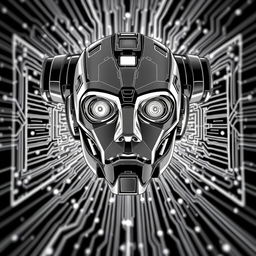 an immersive black and white illustration depicting artificial intelligence, featuring a large, expressive robot face at the center, designed to feel like the viewer is stepping into a digital screen