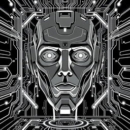 an immersive black and white illustration depicting artificial intelligence, featuring a large, expressive robot face at the center, designed to feel like the viewer is stepping into a digital screen