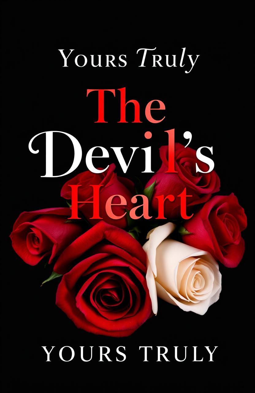 Cover design for 'The Devil's Heart' by Yours Truly, featuring a romantic yet edgy design that juxtaposes red and white roses with thorns, set against a striking black background