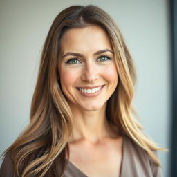 A portrait of a 35-year-old European woman with a warm smile, showcasing the upper part of her body