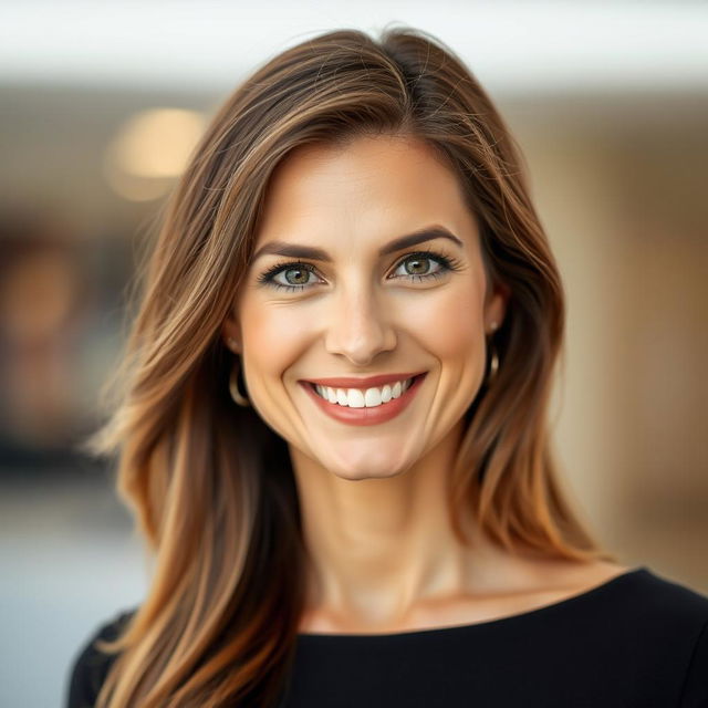 A portrait of a 35-year-old European woman with a warm smile, showcasing the upper part of her body