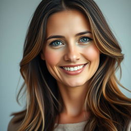 A portrait of a 35-year-old European woman with a warm smile, showcasing the upper part of her body