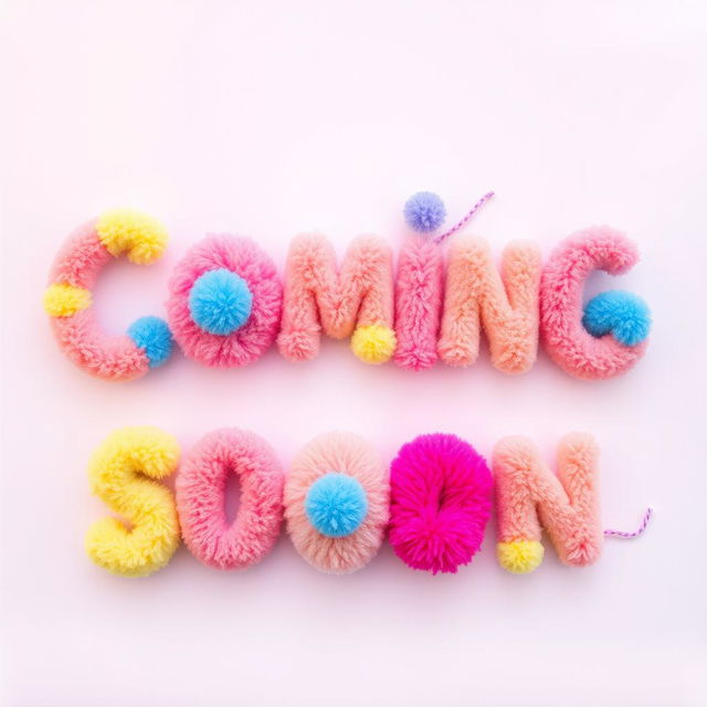 The phrase "Coming Soon" artistically rendered with fluffy and colorful pompom letters