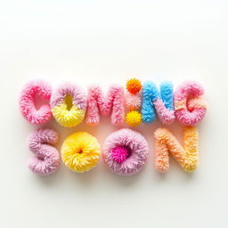 The phrase "Coming Soon" artistically rendered with fluffy and colorful pompom letters