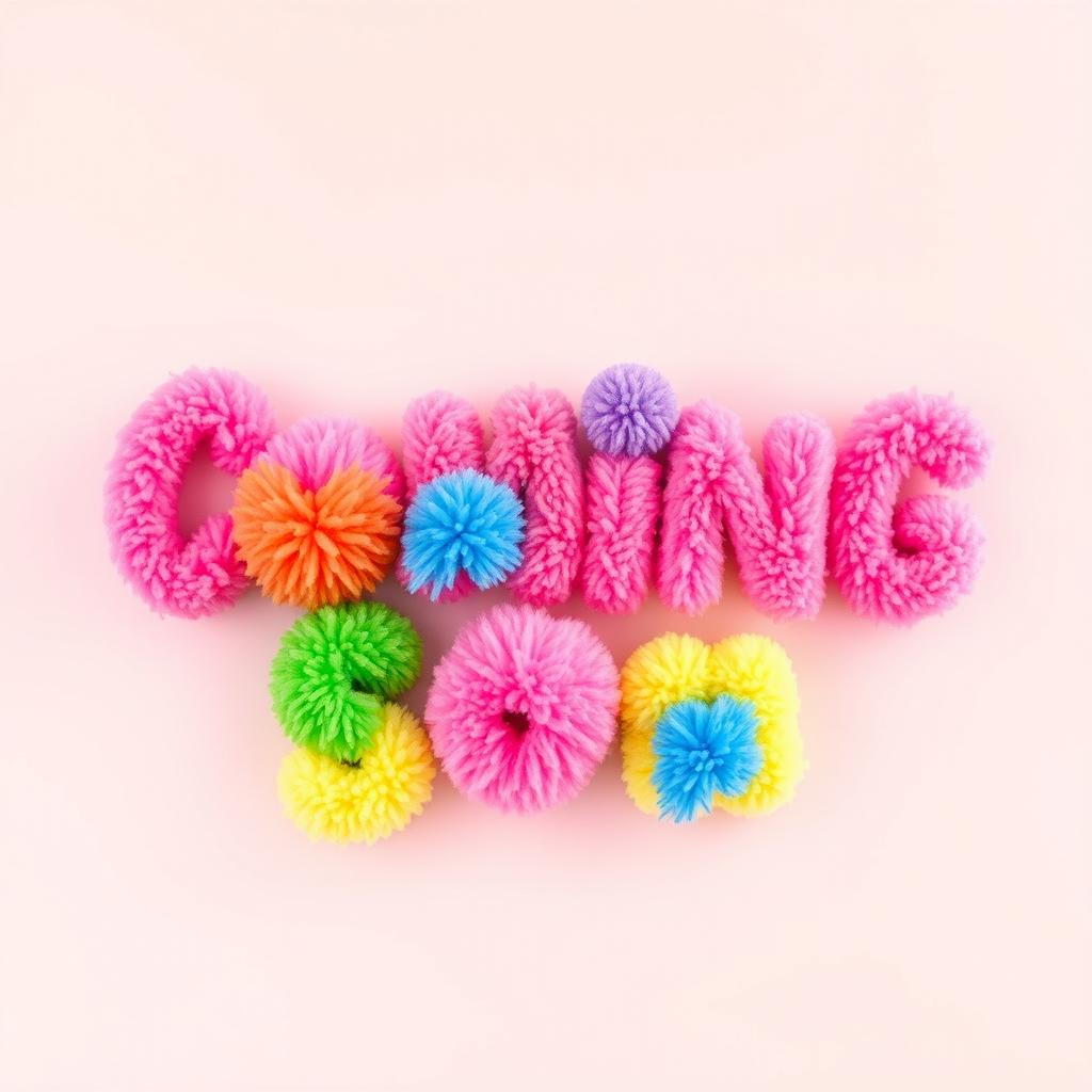 The phrase "Coming Soon" artistically rendered with fluffy and colorful pompom letters