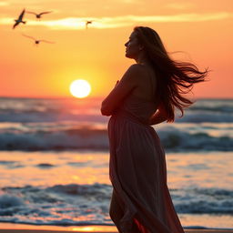 A strong, confident woman standing on a scenic beach at sunset, her silhouette outlined by the vibrant, warm hues of the sky