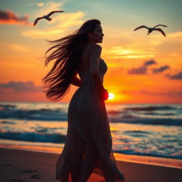 A strong, confident woman standing on a scenic beach at sunset, her silhouette outlined by the vibrant, warm hues of the sky