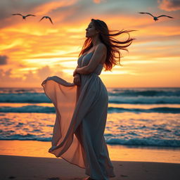 A strong, confident woman standing on a scenic beach at sunset, her silhouette outlined by the vibrant, warm hues of the sky