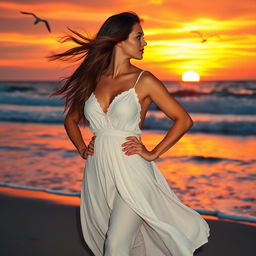 A strong, confident woman standing on a scenic beach at sunset, her silhouette outlined by the vibrant, warm hues of the sky